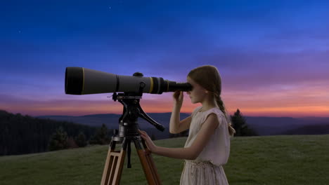 young girl stargazing with a telescope at twilight