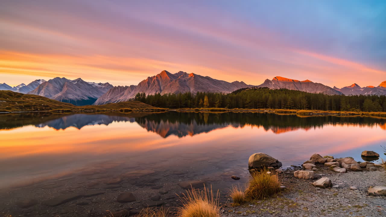 Coucher de soleil éclatant sur un lac alpin tranquille avec des reflets de montagnes