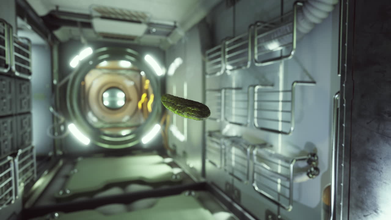 Floating cucumber in a futuristic space station corridor during evening hours