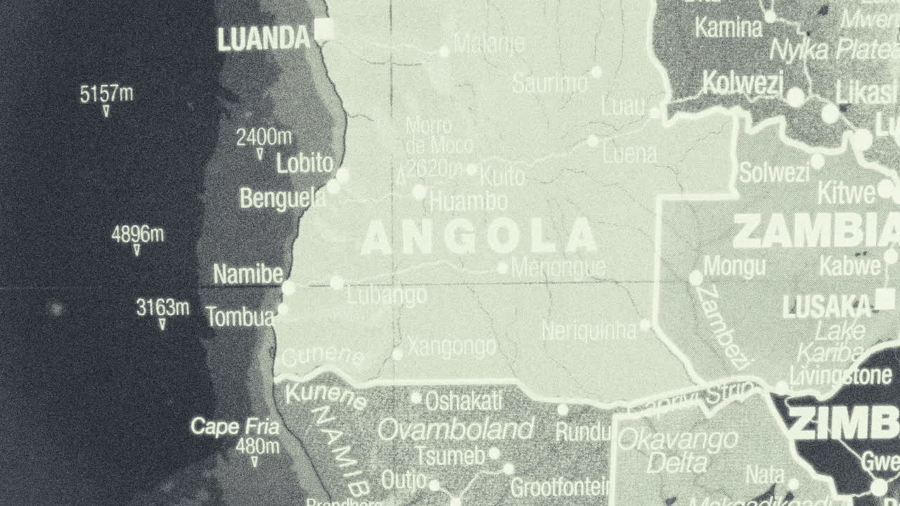 Map of Southern Africa featuring Angola, Zambia, and Namibia