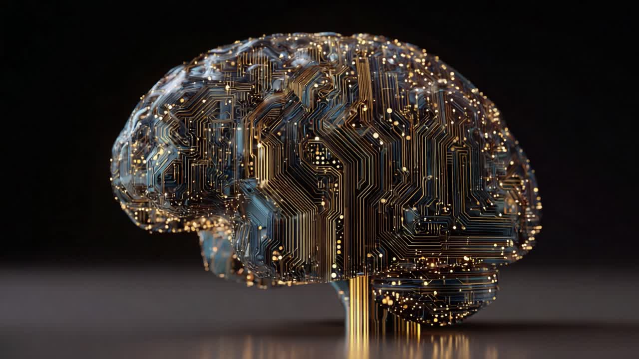 Digital brain made of a circuit board with glowing golden signals flowing through its electronic pathways, symbolizing artificial intelligence, deep learning, and advanced computing technology