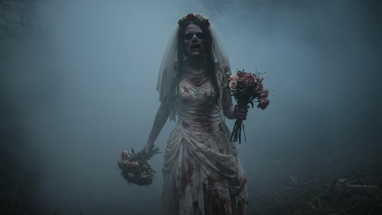 Una Sposa Fantasma Emerge dalla Nebbia, Immersa in un'Atmosfera Spettrale e Immagini Macabre, Deliziando gli Appassionati dell'Horror con la Sua Estetica Inquietante e Presenza Ossessiva.