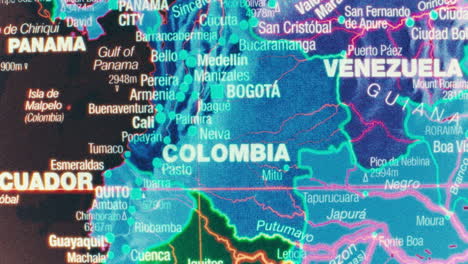 close-up of a digital map showing colombia, panama, venezuela, and ecuador