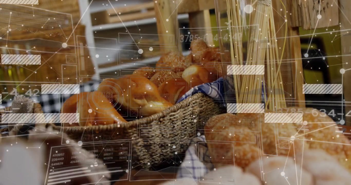 Camera moving closer, HUD overlay floating, bakery basket buns and wheat stalks filling for display