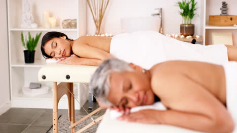 Spa,-massage-and-women-sleeping-on-beds-in-luxury