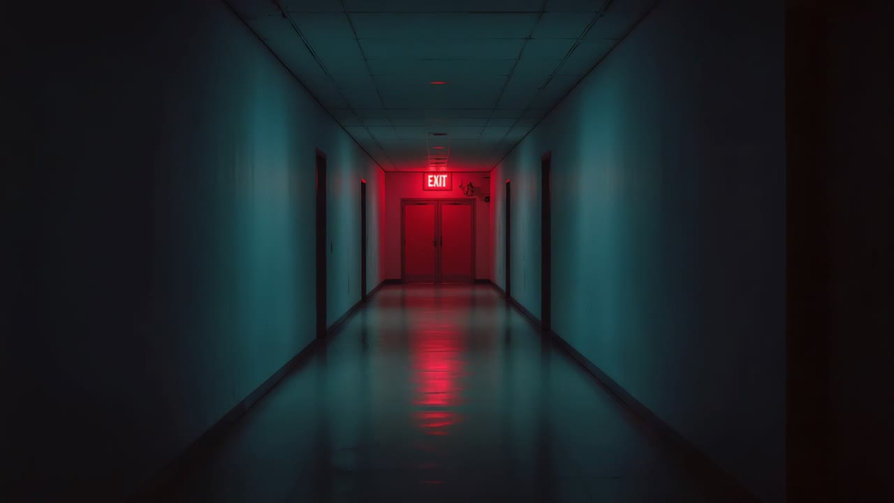 Showing narrow corridor with glossy floor and blue green walls, closed double doors under EXIT sign