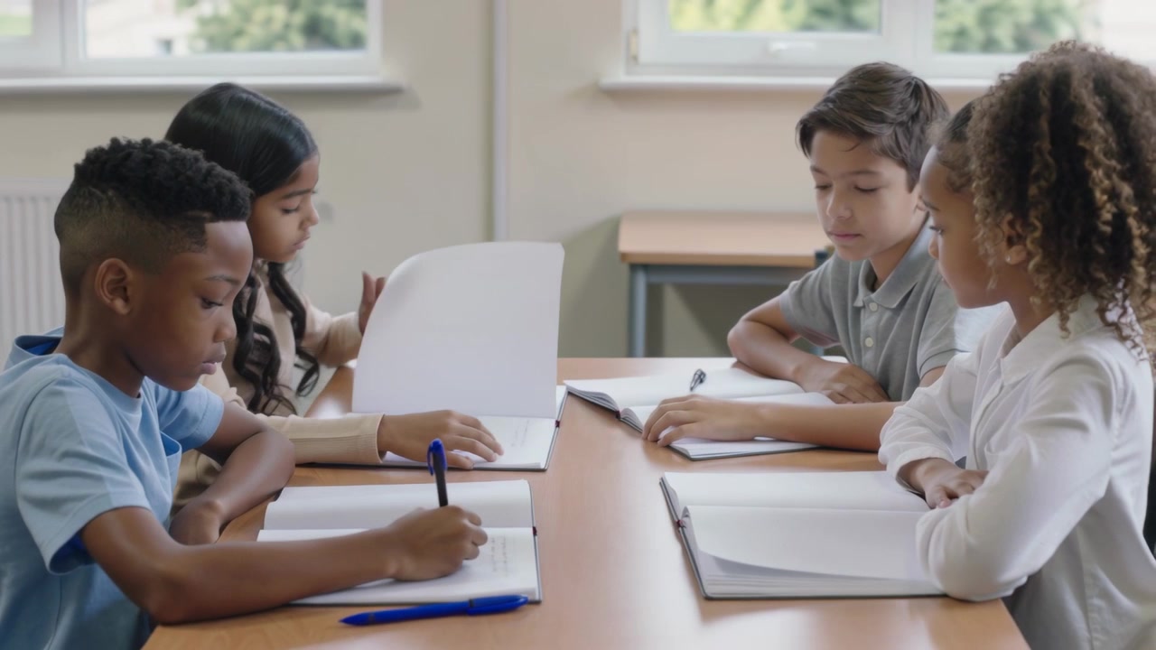 Studying four students with open notebooks, turning pages and writing in classroom, with blue pen