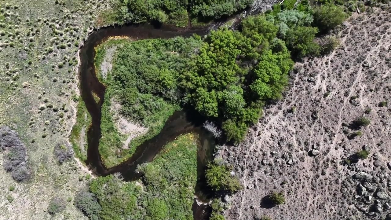 Veduta aerea dall'alto di un'oasi con ruscello serpeggiante lungo una strada secondaria remota dello Utah.
