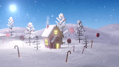 Animation-Von-Weihnachtshütten-Und-Bäumen-Im-Schnee-Mit-Zuckerstangen,-Lutschern-Und-Fallendem-Schnee