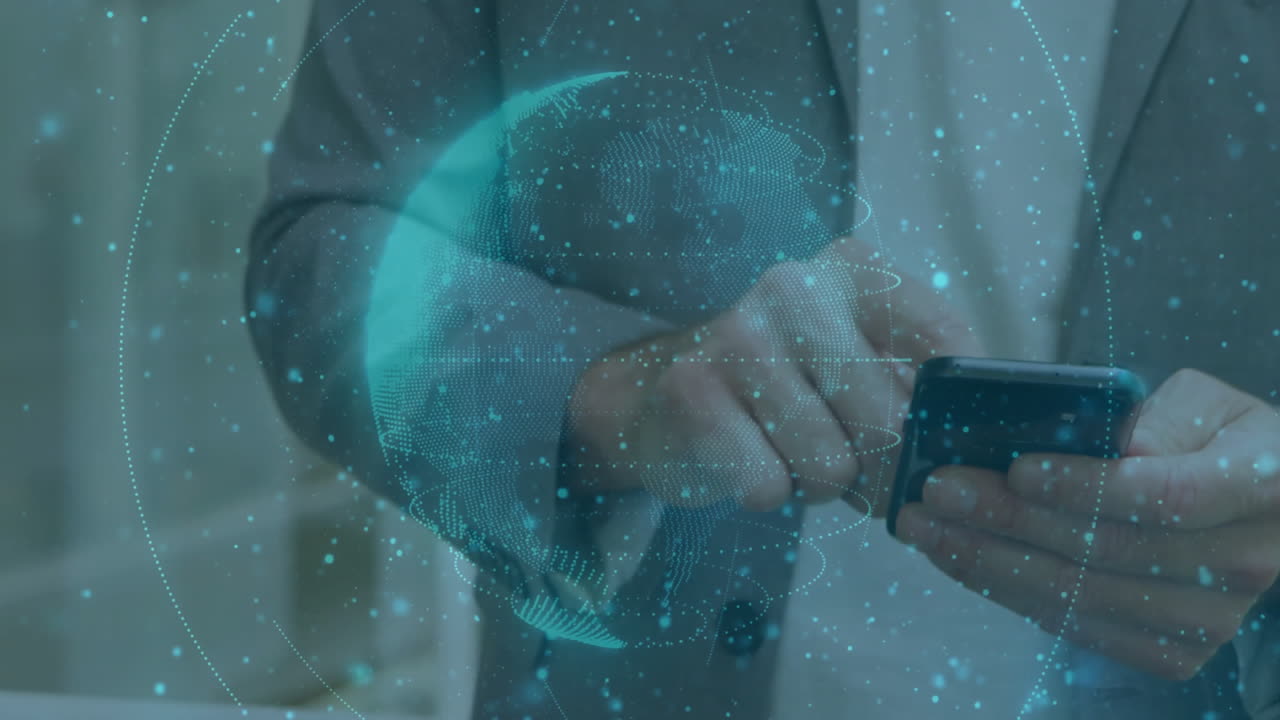 animación de la red de conexiones con el globo sobre el hombre caucásico usando teléfono inteligente