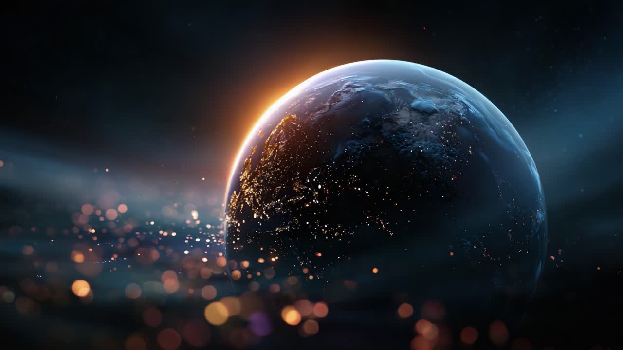 A Stunning View of Earth from Space Showcasing the Vibrant Lights of Cities against a Dark Cosmic Background with Glimmering Particles in the Atmosphere