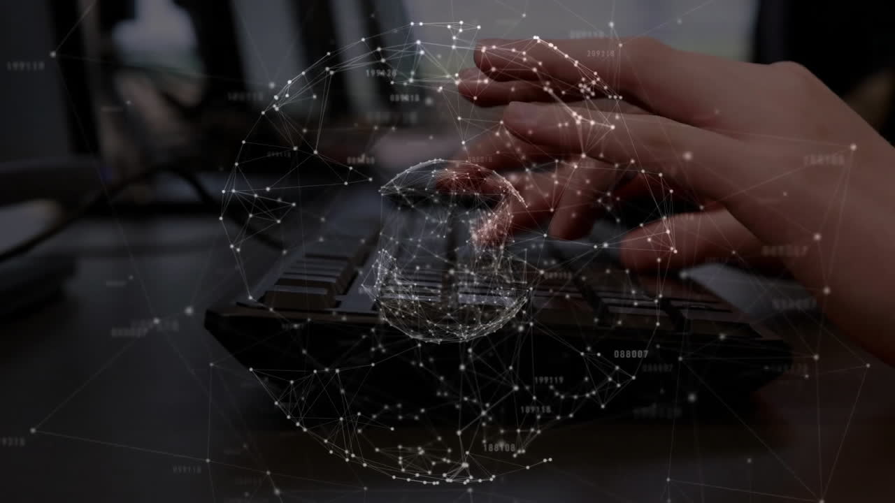 Animation of global network over hands of caucasian woman using computer keyboard at office