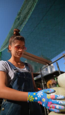 woman picking pumpkins at a market