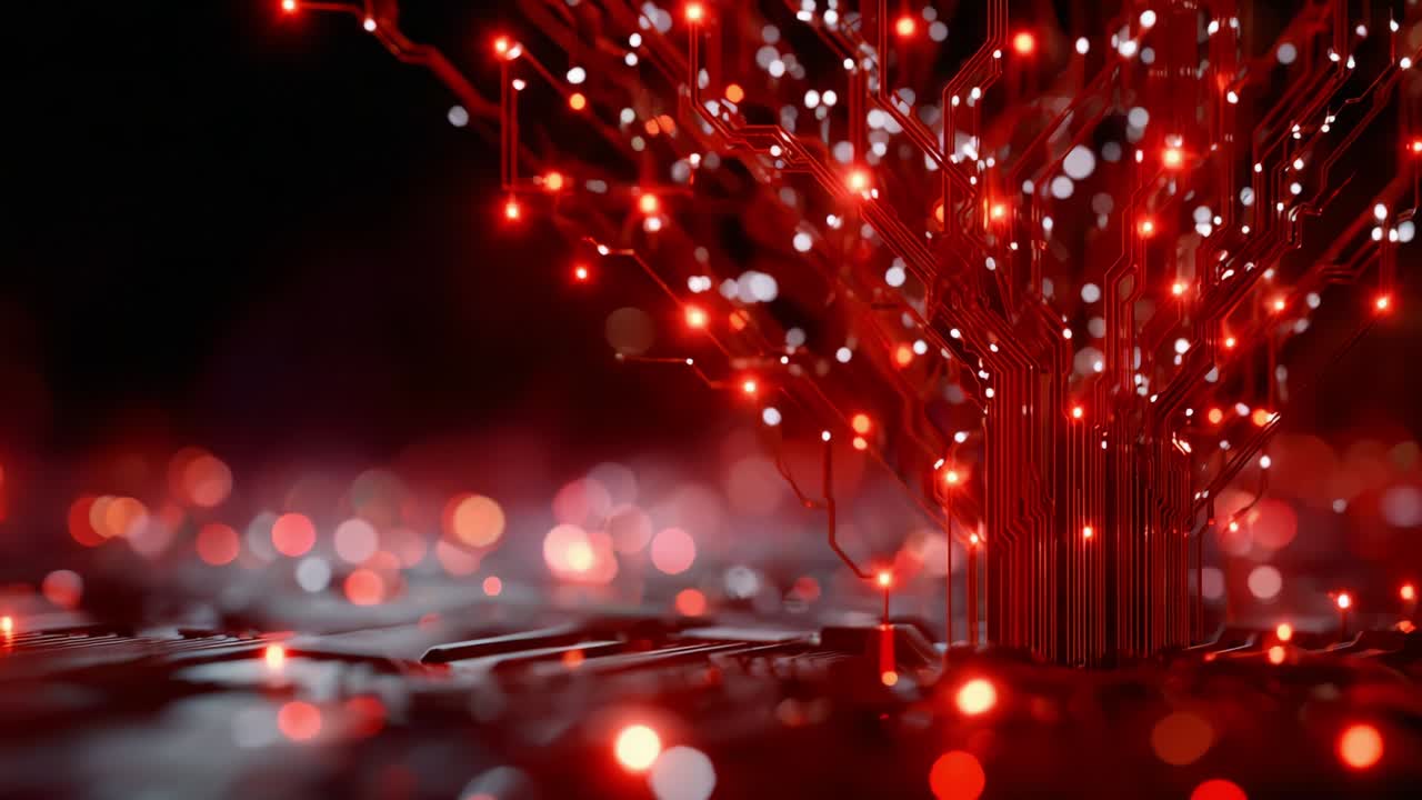 A mesmerizing digital tree made of glowing red circuits emerges from a shimmering surface, illuminating the surrounding space with vibrant lightspots that create an ethereal technological ambiance