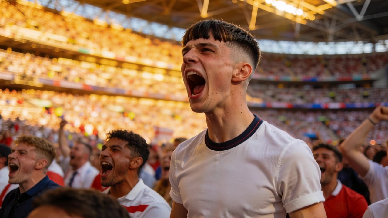Aficionado masculino gritando, vistiendo una camisa blanca con cuello oscuro en las gradas del estadio mientras se desarrolla la jugada, animando.