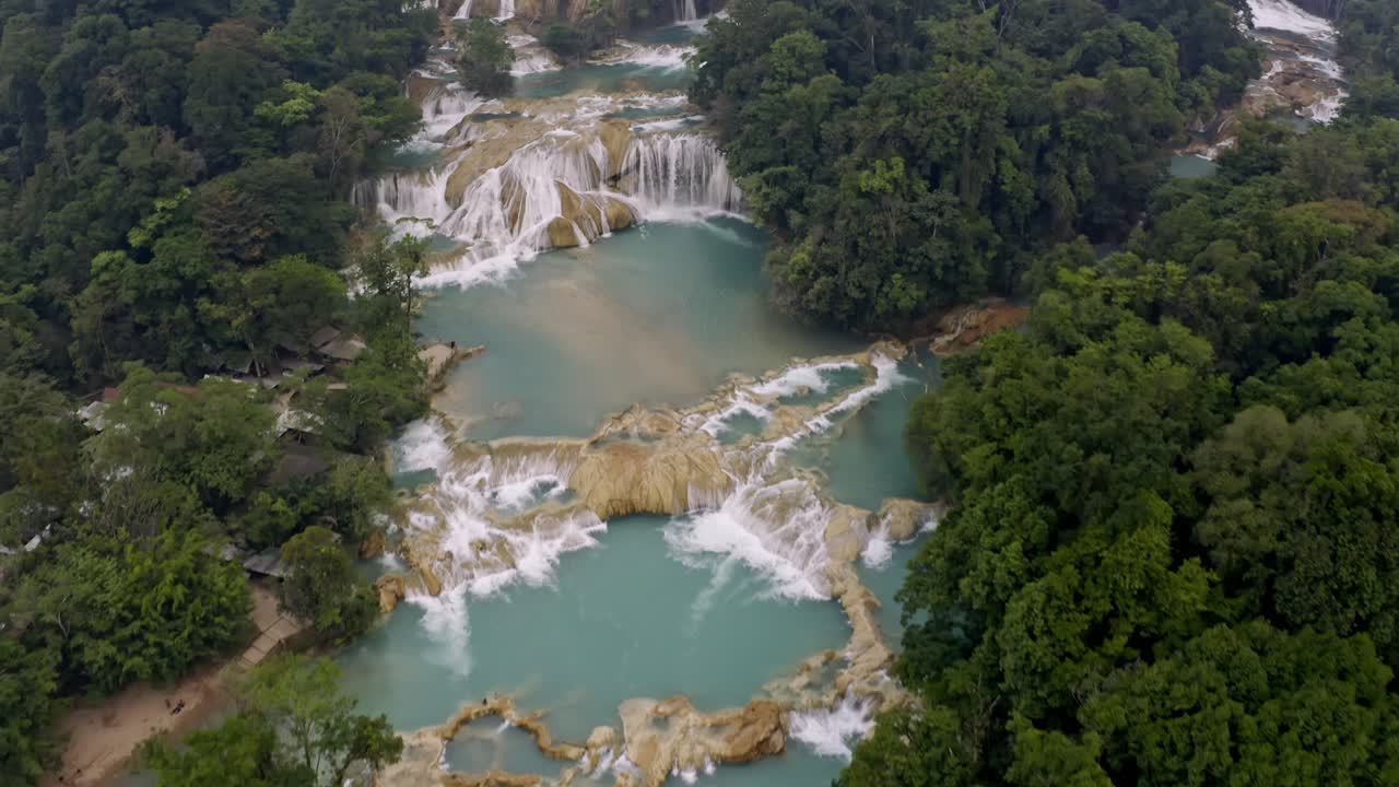 Aerial stunning view of the iconic Cascadas de Agua Azul in Chiapas, Mexico