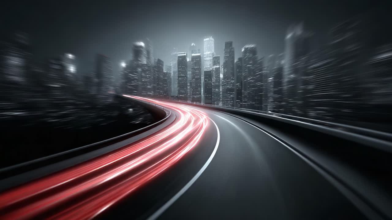 Un viaggio dinamico attraverso un paesaggio urbano: viste notturne accattivanti dell'architettura urbana e luci sfocate su una superstrada