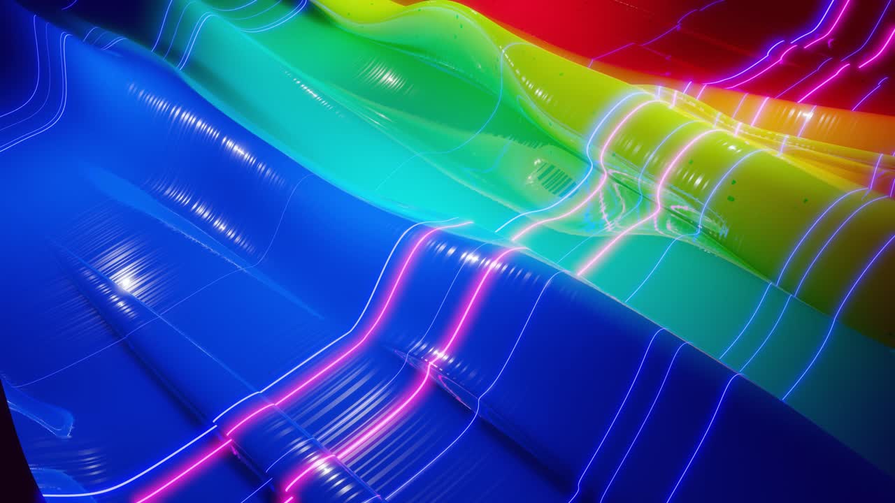 superficie 3d abstracta con hermosas olas, chispas luminosas y gradiente de colores brillantes, colores de arco iris y líneas de brillo. las olas corren en una superficie muy brillante y brillante con brillo brillante. animación en bucle 4k