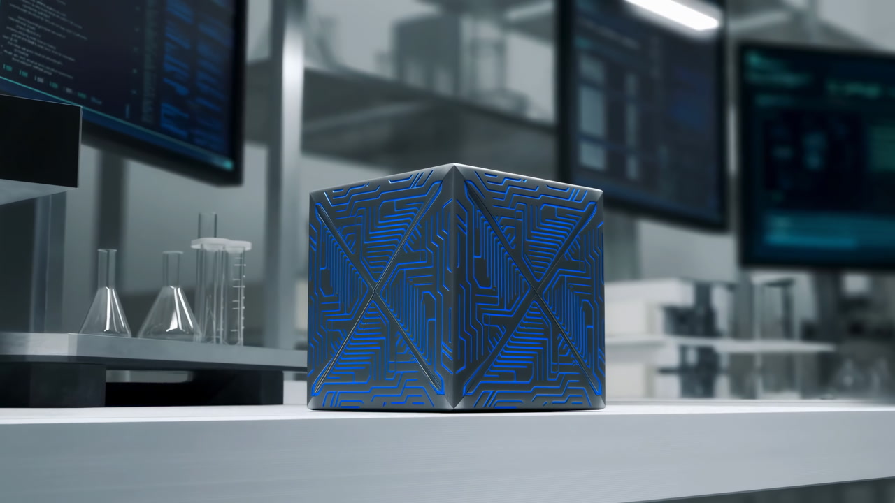 Blue Circuit Cube On Lab Bench Surrounded By Monitors And Glassware, Prototype Hardware Under Diagnostic Scan