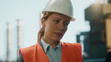 female engineer working on laptop at industrial plant site