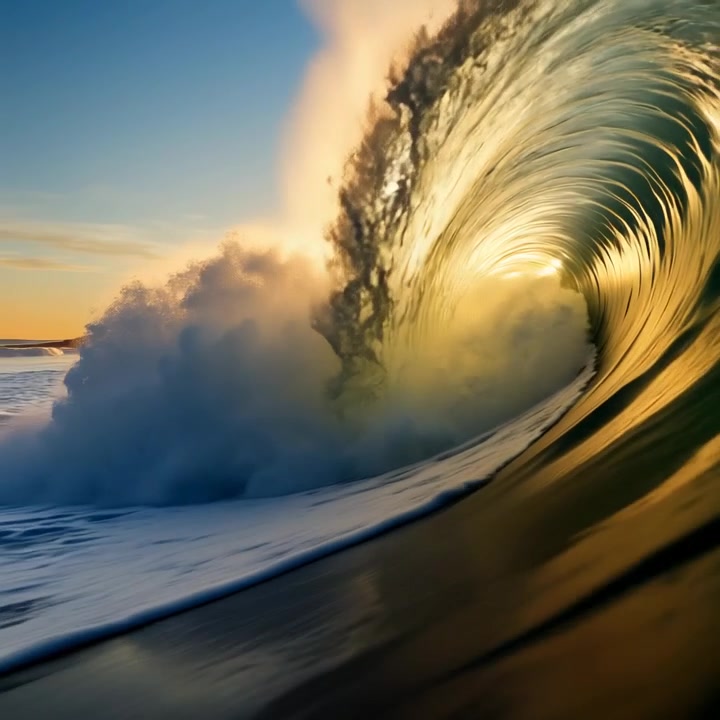 Una potente onda oceanica che si infrange al tramonto