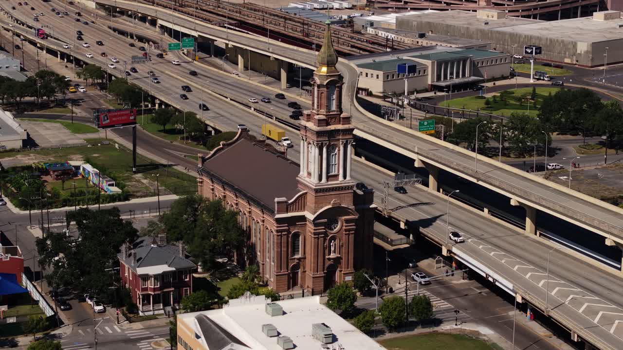 Establishing Drone Shot Above St John the Baptist Catholic Church. Close Up