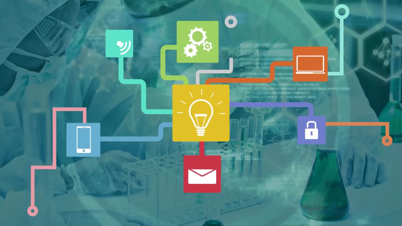 실험실 직원 위의 아이콘과 연결 네트워크의 애니메이션