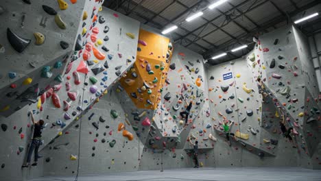 indoor climbing gym featuring colorful walls with various routes for climbers of all levels engaged in bouldering and training activities in a dynamic environment
