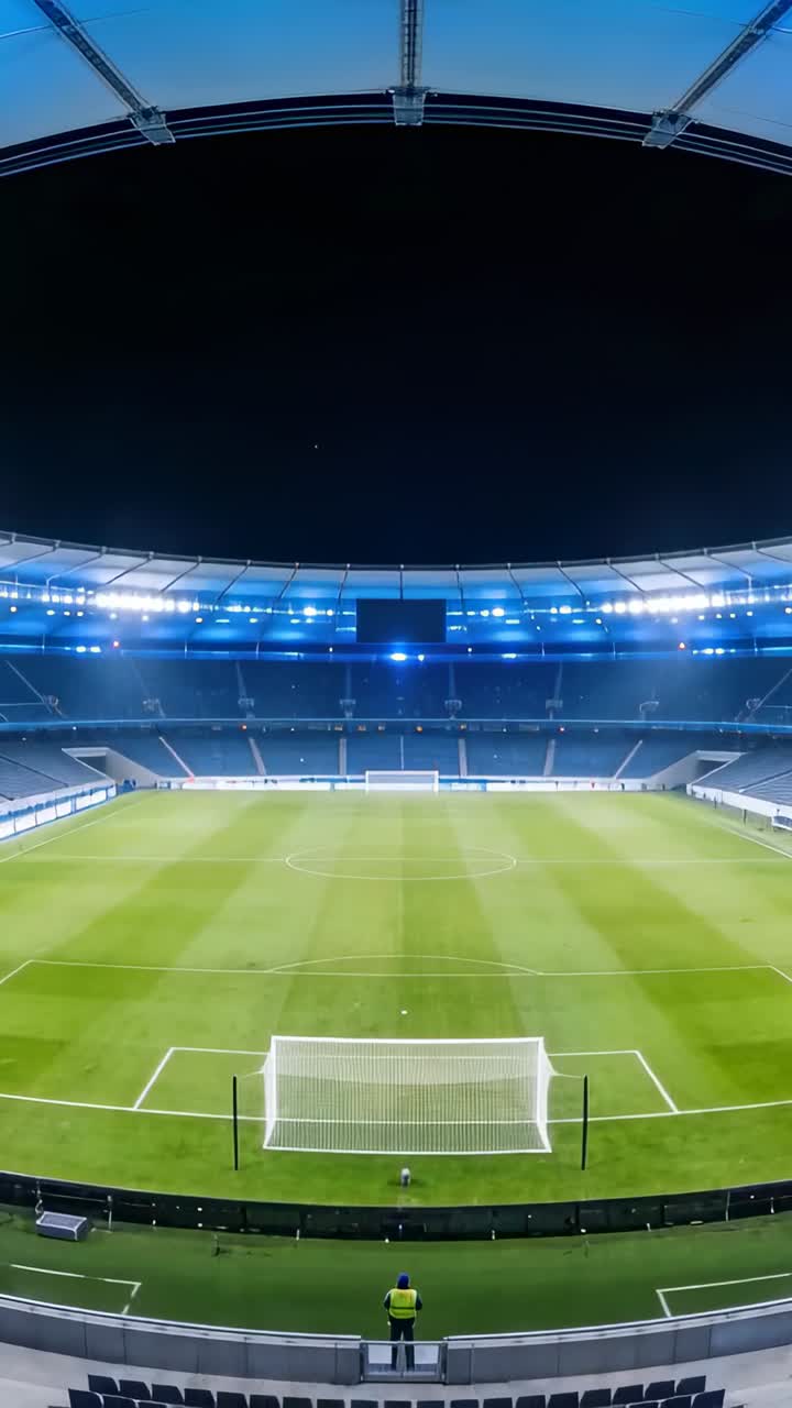 Video verticale: Steward in piedi con giacca gialla che osserva la porta prima della partita allo stadio, con la telecamera che si inclina.