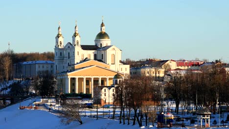 vitebsk, belarus. winter view of holy assumption cathedral, national academic drama theater named after yakub kolas