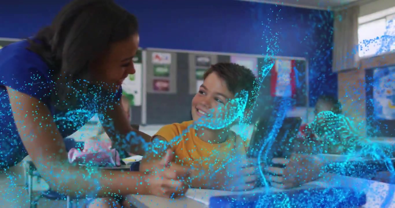 Blue particles sweeping, clearing view and revealing teacher guiding student tablet for education