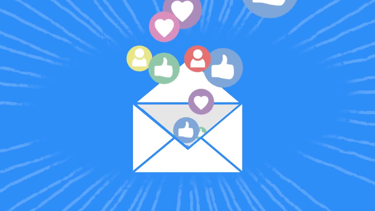 animación de como, corazón, iconos de perfil que salen del sobre sobre un fondo azul
