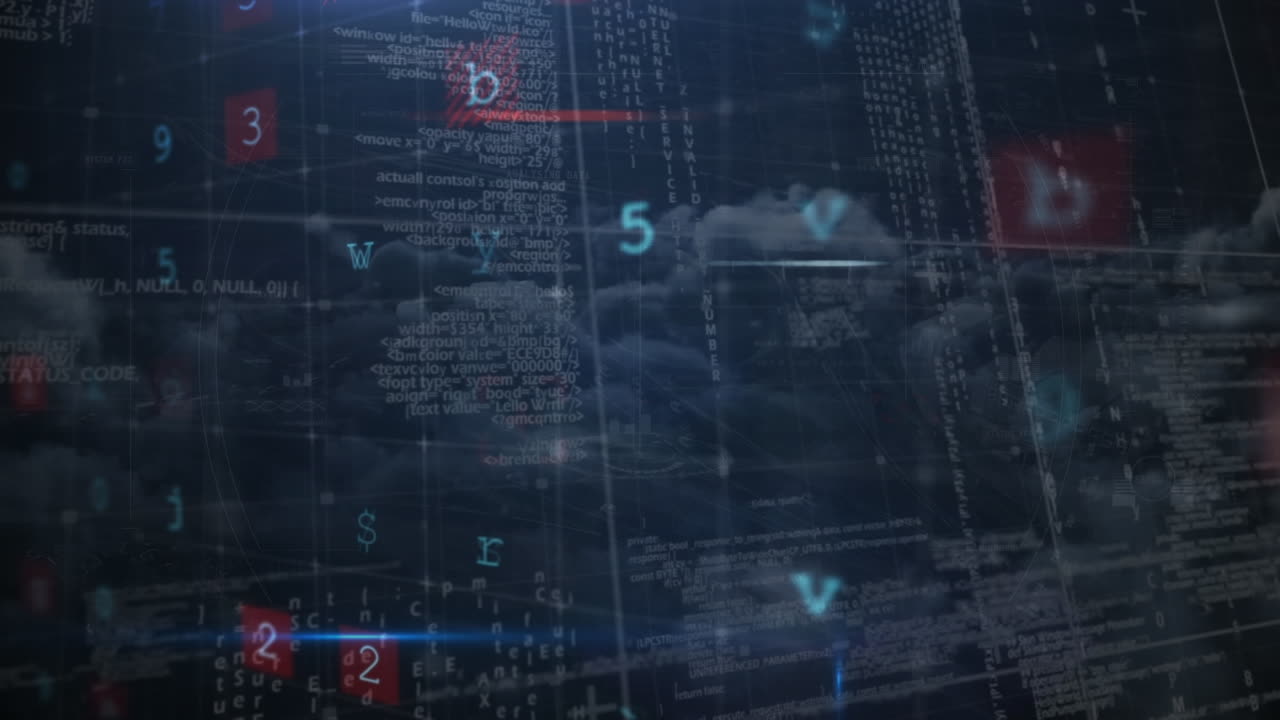 Animation af cyberangrebsadvarsel over databehandling på himmel med skyer