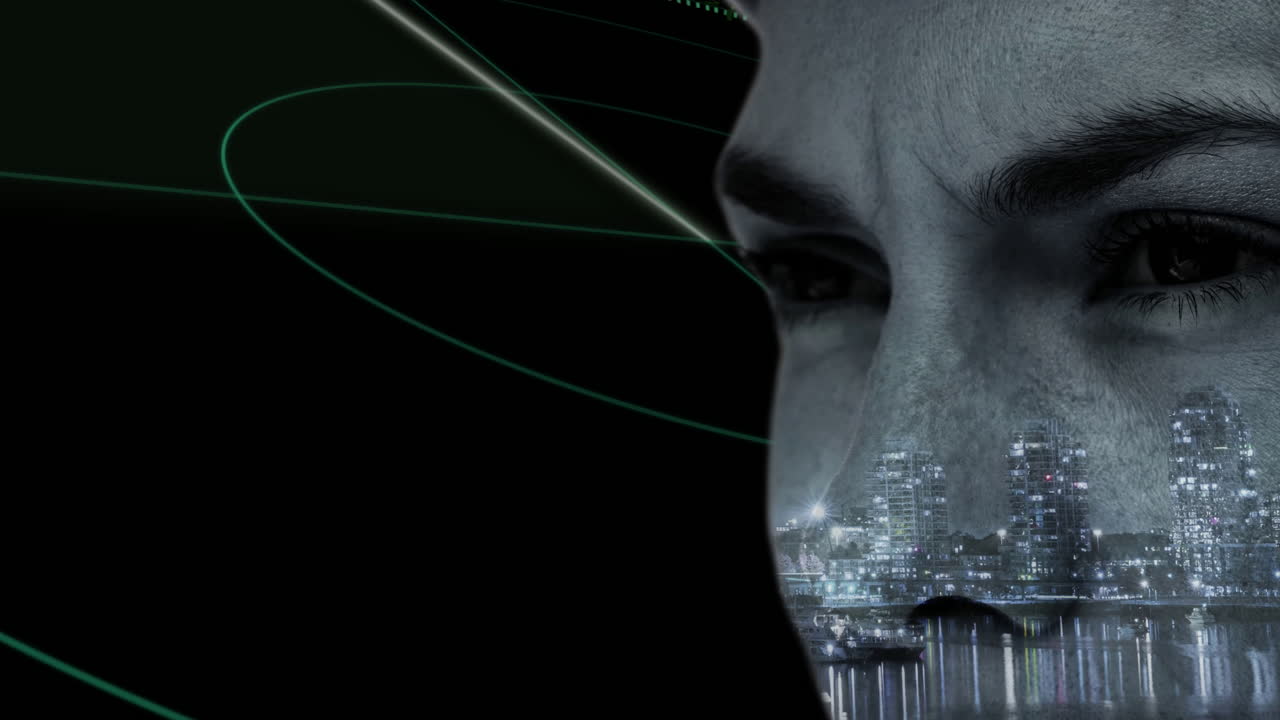 Animation of abstract face with green lines overlaying cityscape in dark background
