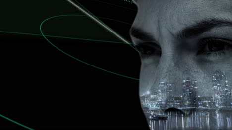 animation of abstract face with green lines overlaying cityscape in dark background