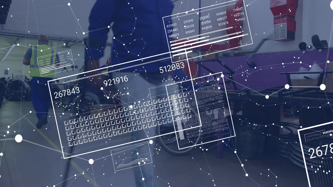 Teknikere beveger seg rundt et lilla chassis, kamera panorerer og aktiverer AR-paneler som viser hjul for montering.