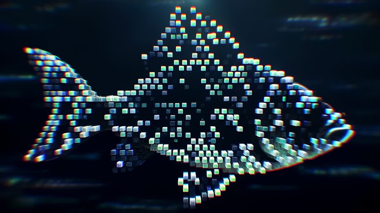 Lifting, small illuminated cubes forming fish silhouette in dark virtual stage, filling gaps