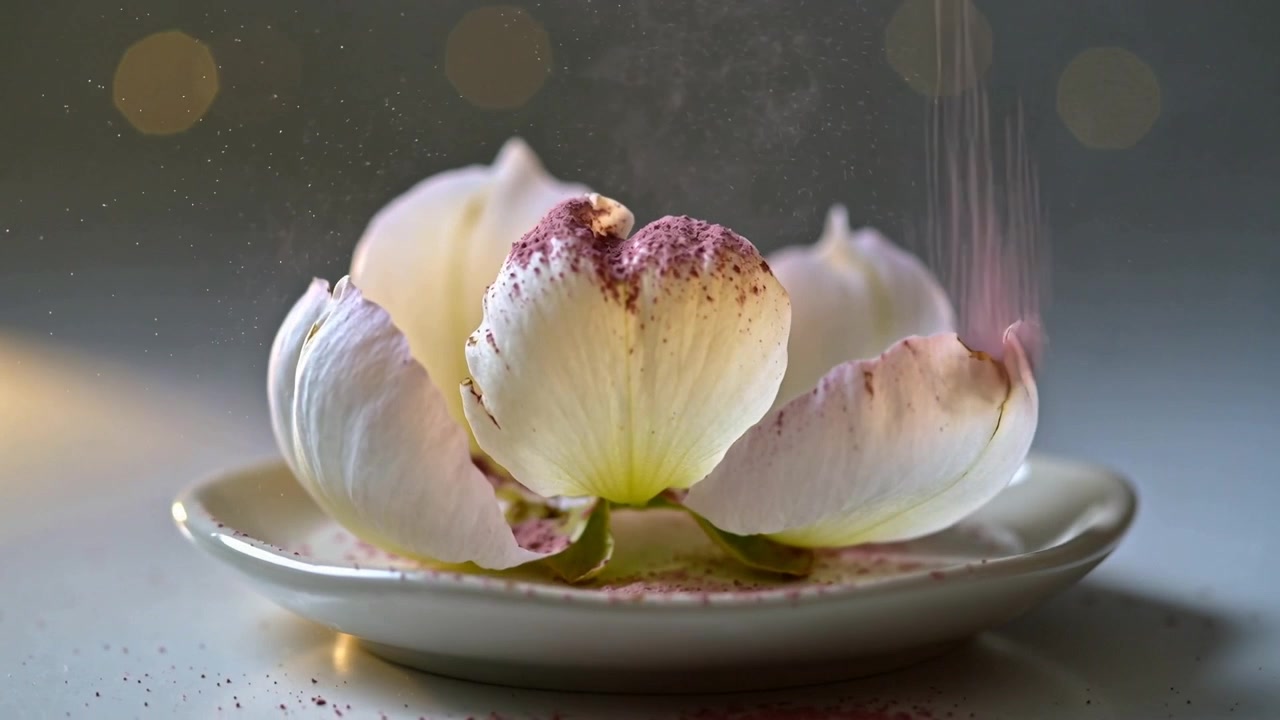 Spolveratura di un singolo fiore rosa pallido-bianco ricoperto da pigmento viola-rosa che cade su un piatto in ceramica