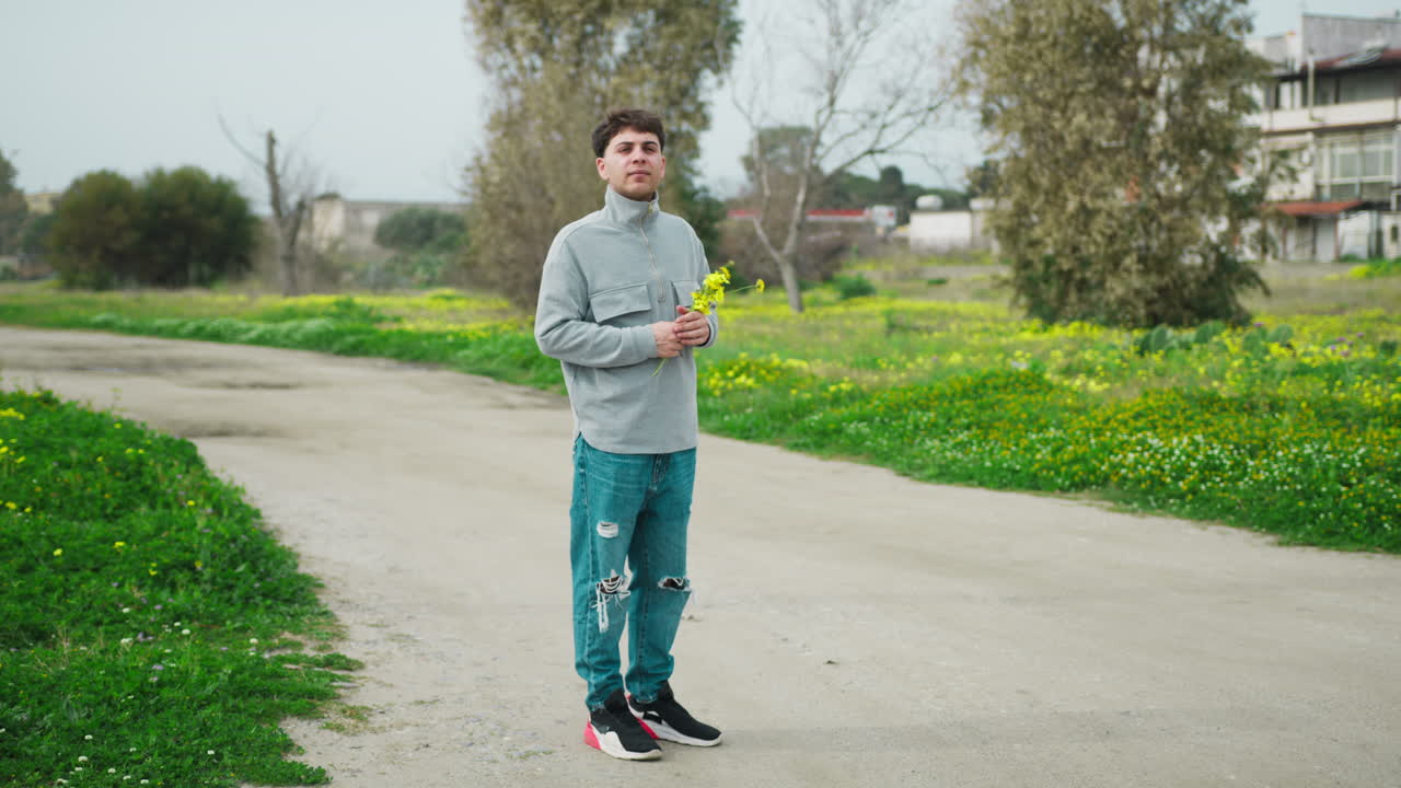 Man In Love Walking Home With Yellow Flowers For Valentines Day