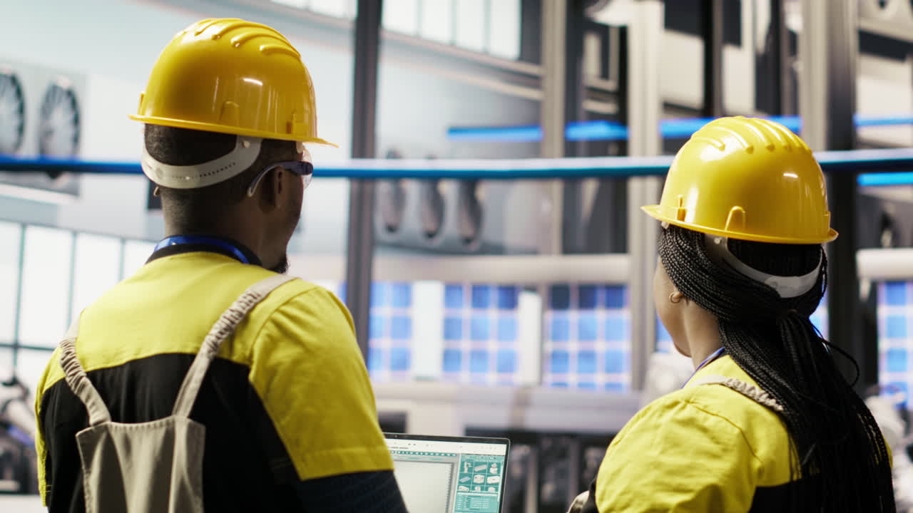 Vertical video Smart solar panels factory engineering team using laptop