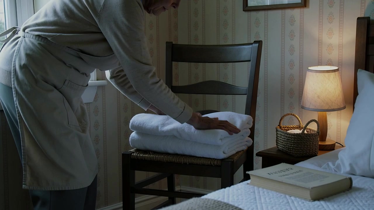 Preparing room, senior in light apron lifting and smoothing white towels on wooden chair beside bed