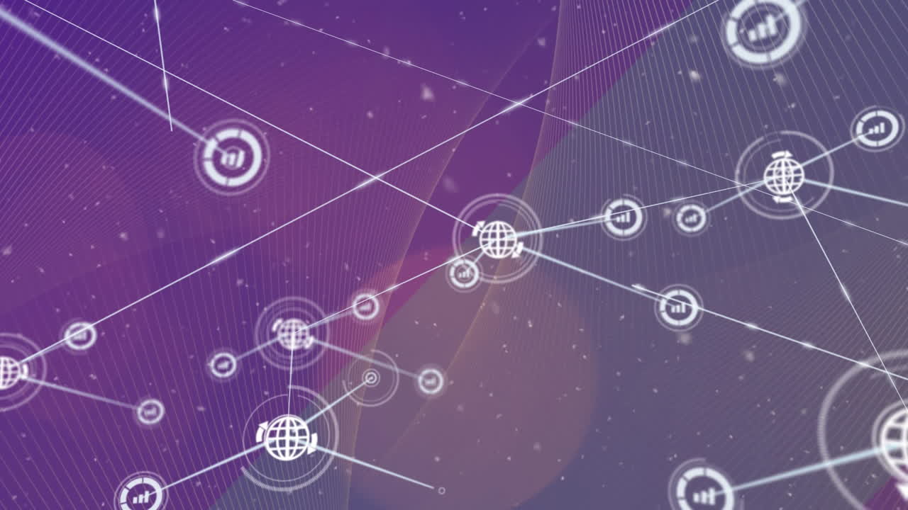 animación de partículas blancas sobre una red de iconos digitales y puntos de luz sobre un fondo púrpura.