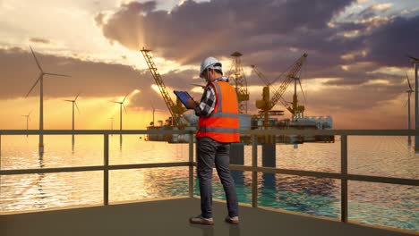 vista trasera completa del cuerpo de un ingeniero masculino asiático con casco de seguridad diseño de turbina eólica plano en una tableta con producción de hidrógeno en alta mar
