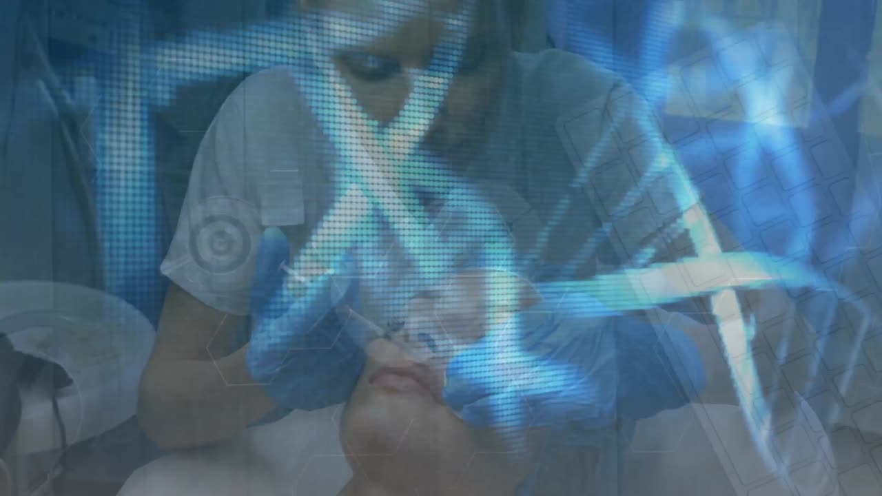 체육관에서 운동하는 남녀 위에 반이는 빛의 애니메이션