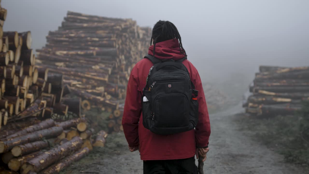 Male hiker with dreadlocks and red jacket walking between massive piles of felled timber logs on a dirt road in a foggy Irish forest. Themes: logging industry, environment, wood, supply chain, travel