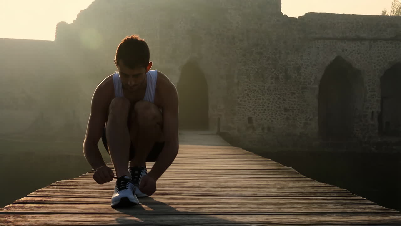 Man Tying Shoelaces on Wooden Pier at Sunrise/Sunset with Ancient Bridge in Background