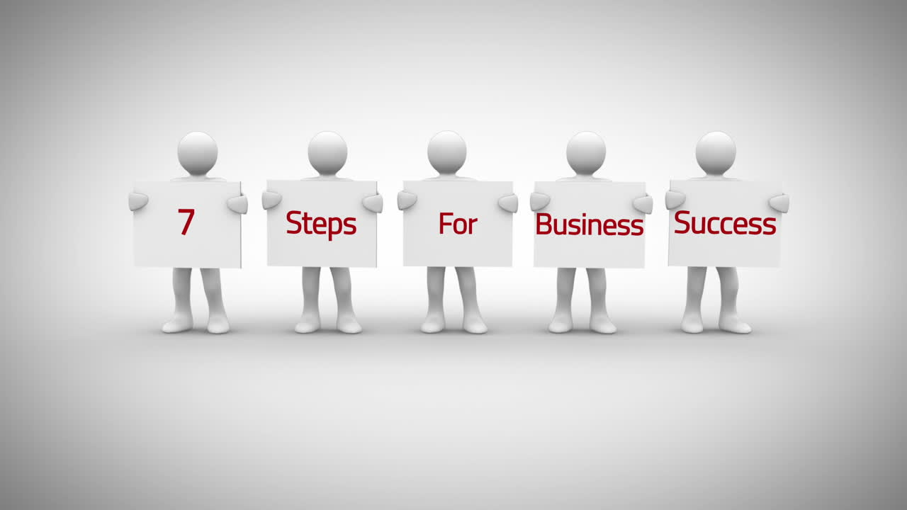 White characters showing signs saying 7 steps for business success