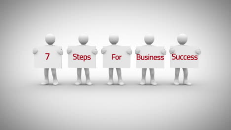 white characters showing signs saying 7 steps for business success