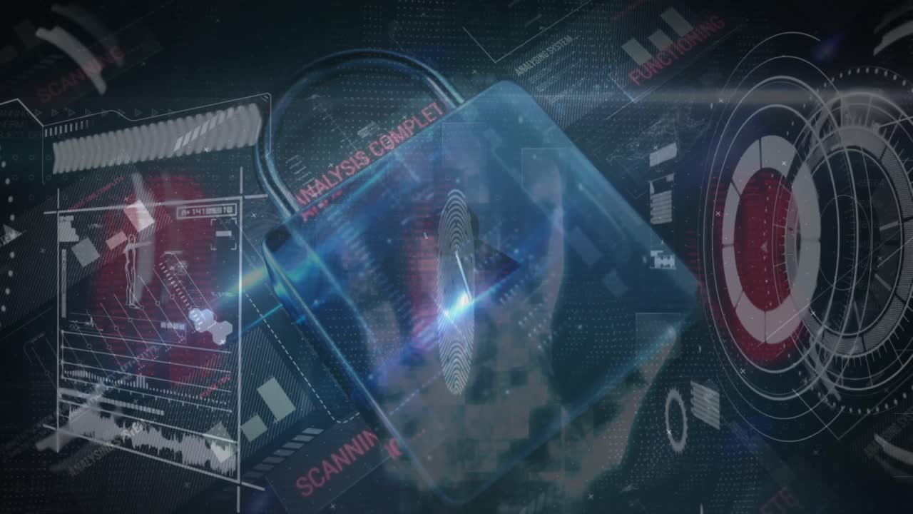 차트, 프로세서 및 어두운 배경에 인라인 보안  ⁇ 락의 애니메이션