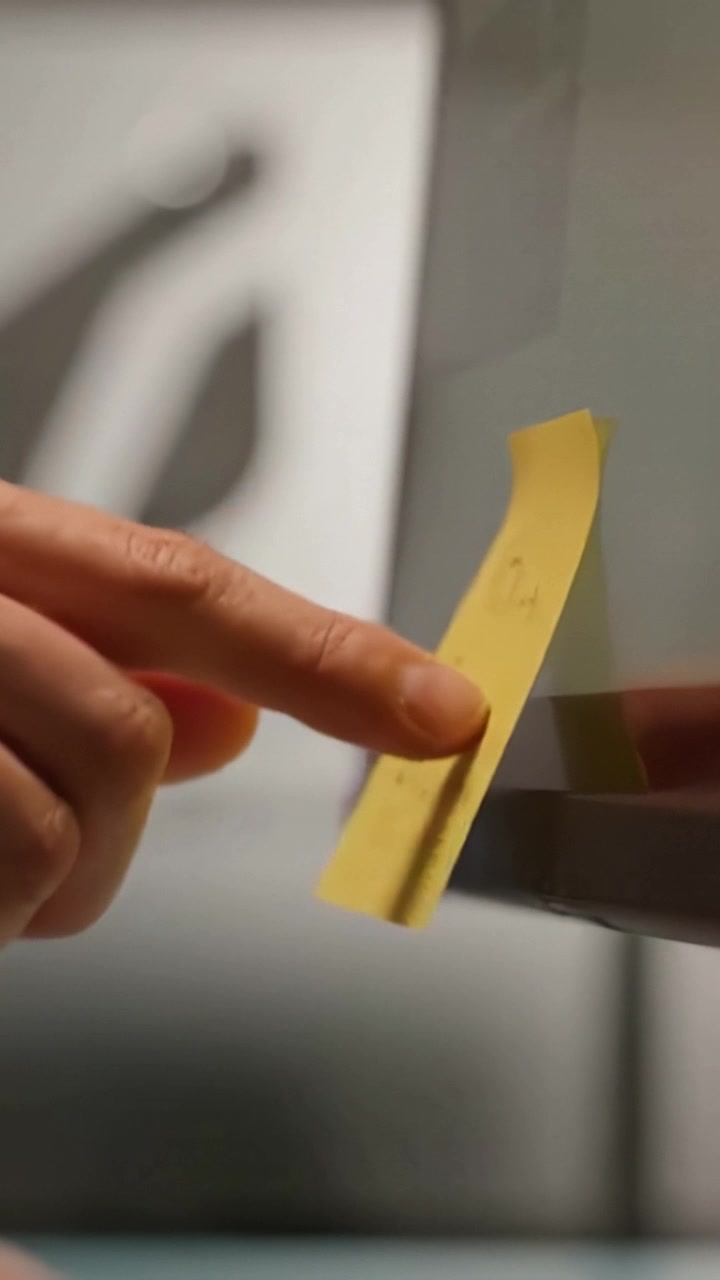 Vista em close-up de um monitor de computador com um post-it destacando informações importantes em um ambiente de escritório